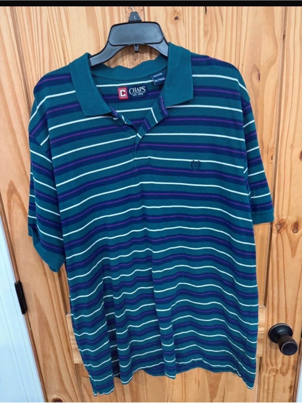 Chaps Men’s Teal Polo with Navy and Purple Stripes
